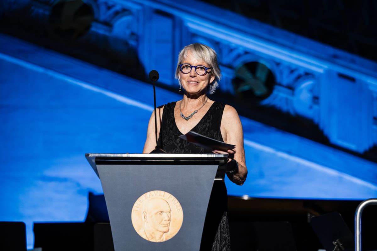 Professor Nancy Kanwisher at a lectern